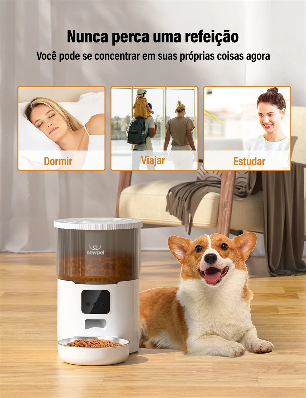 Dispenser de Ração Inteligente 4L para Gatos com App, Alimentador Automático em Aço Inox, Alimentação Remota para Gatos e Cachorros